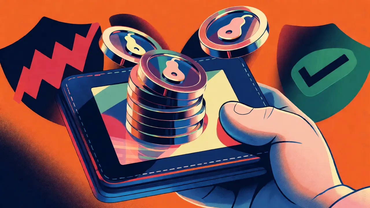 Cartoon hand holding a wallet with tokens emerging, surrounded by security symbols.