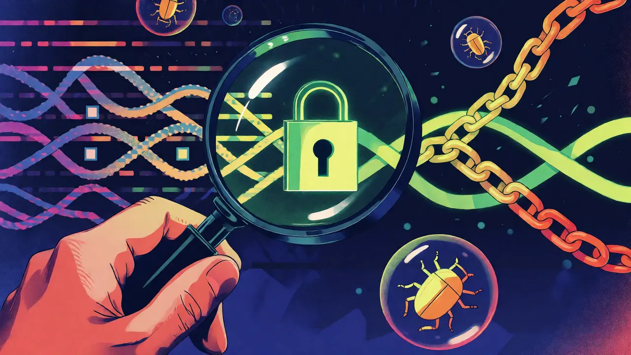 Close-up of a hand inspecting code that turns into chains, symbolizing security audits.