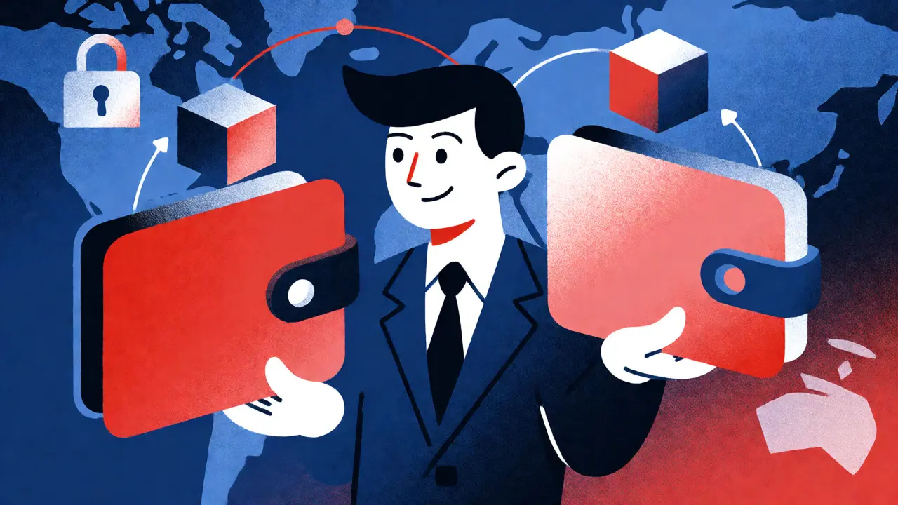 Compliance officer managing data flow between digital wallets in risograph illustration.