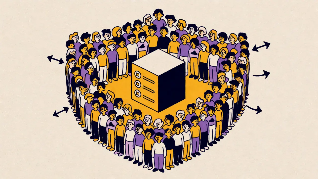 Conceptual art of a human and machine crowd forming a protective shield around a digital ledger.