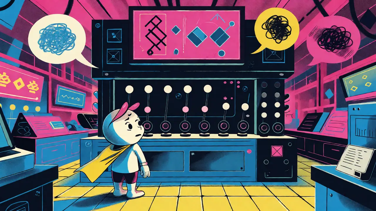 Confused character facing complex crypto machine