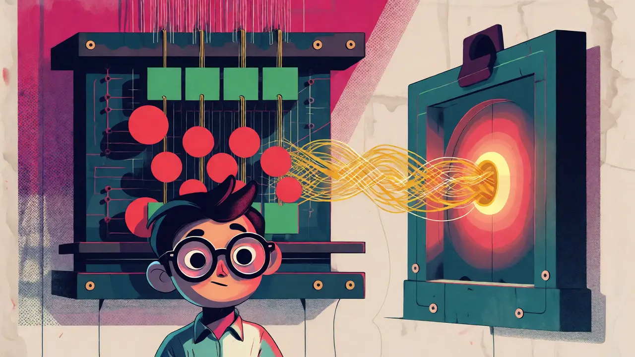 Developer using a ZKP machine to convert sensitive data shapes into a verified proof thread in cartoon art.