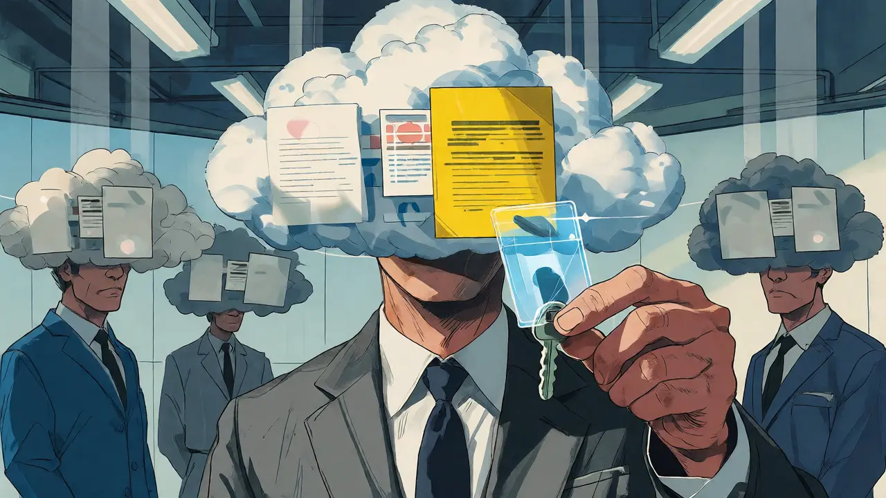 Executive using a key to reveal specific private documents within a shared digital cloud in illustrative style.
