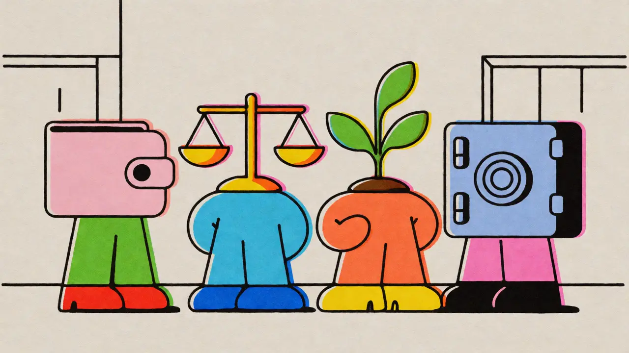 Four illustrated icons representing different Swiss crypto licensing tiers in riso style.