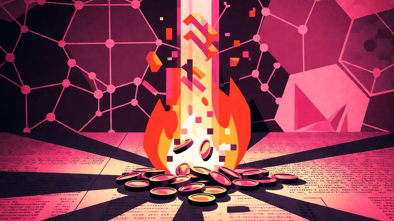 Geometric flames burning tokens to create synthetic assets in risograph art.