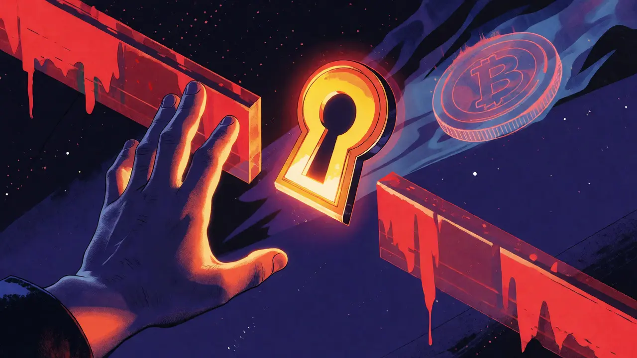 Hand reaching for a ghostly coin behind translucent red barriers symbolizing crypto caution.