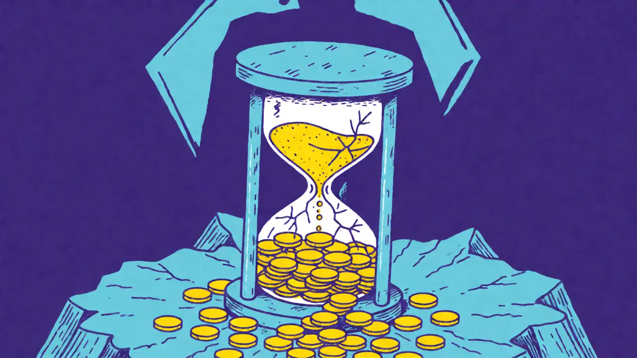 Hourglass with coins leaking out illustrating fee erosion