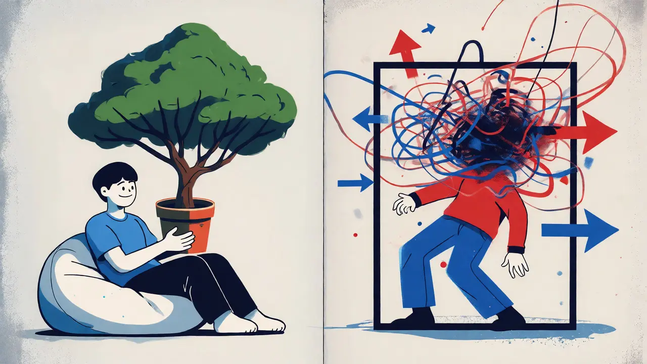 Illustration comparing calm long-term holding with restricted active trading in cartoon style.