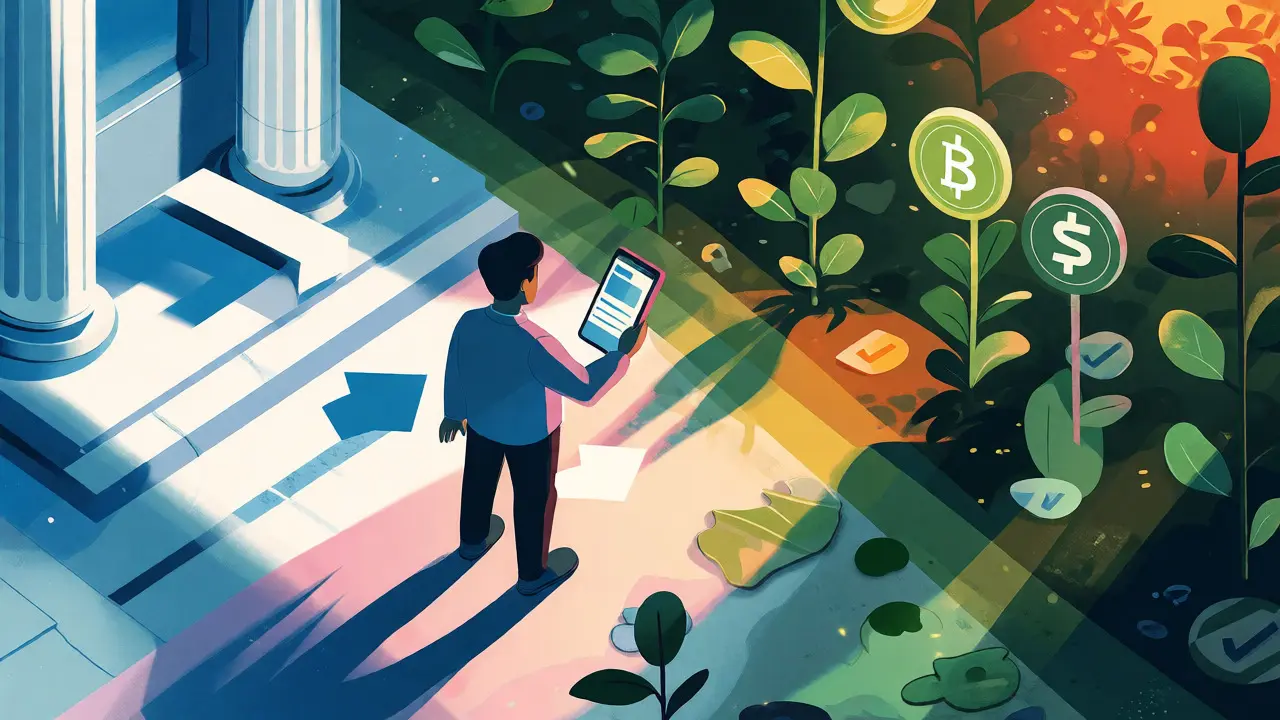 Illustration of a user transferring funds from a sterile bank zone to a vibrant crypto ecosystem.