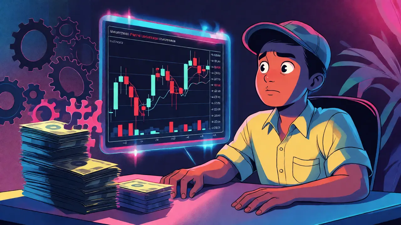 Indonesian trader analyzing high-leverage charts with deposit friction barriers