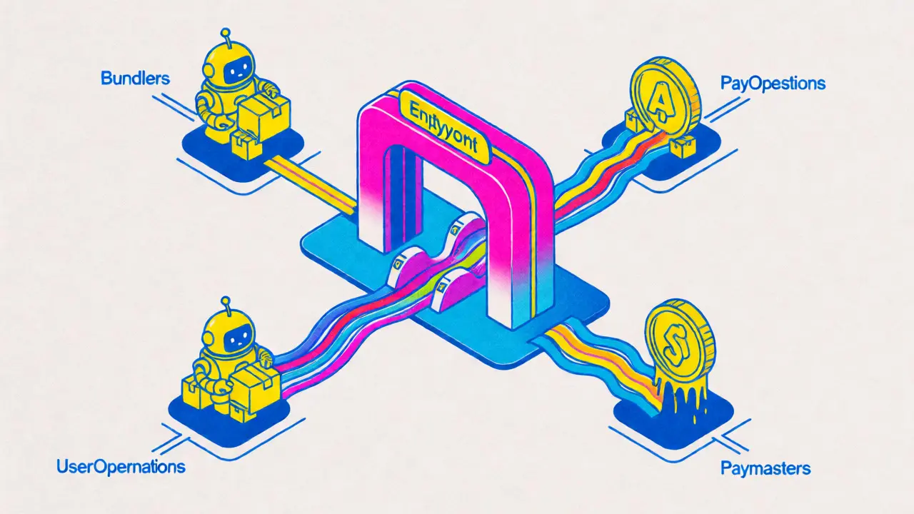 Isometric risograph art of ERC-4337 bundlers and EntryPoint contract architecture