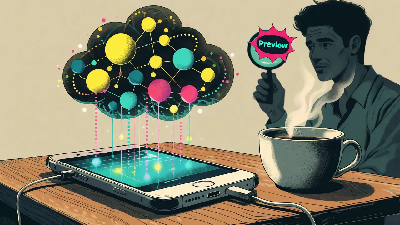 Old phone connected to cloud nodes illustrating decentralized mobile computing concept.