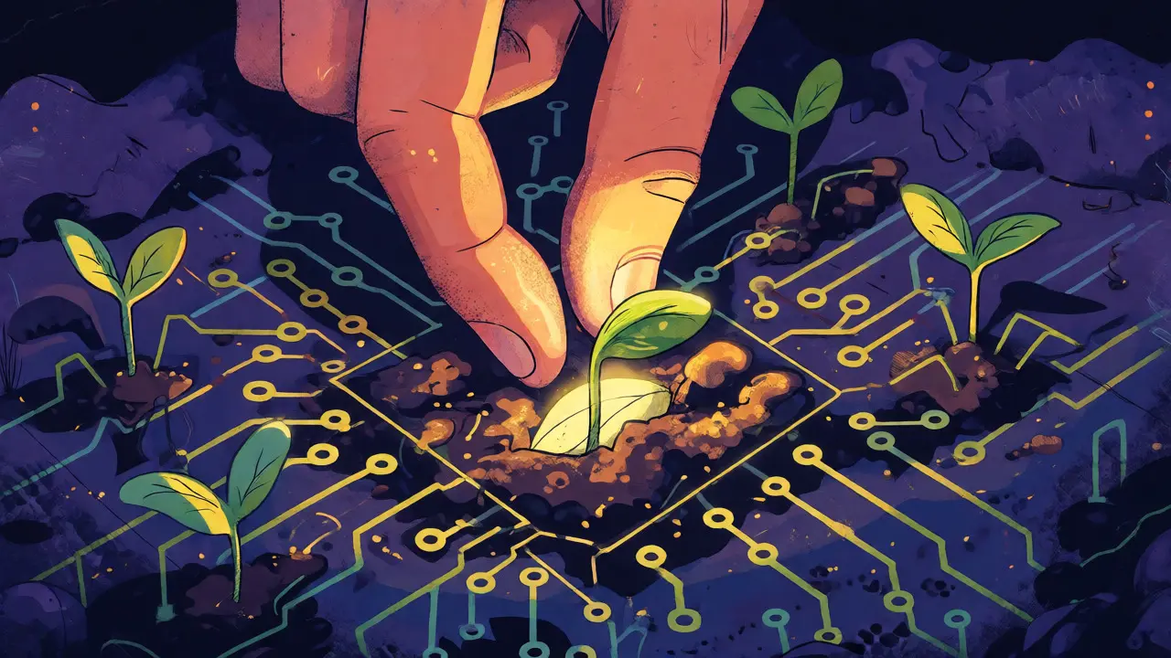 Overhead view of a hand planting a glowing seed in digital circuit soil, symbolizing future crypto rewards.