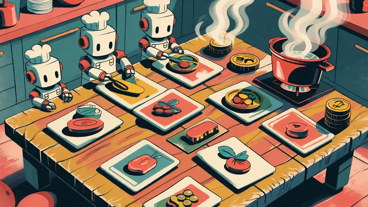 Overhead view of a virtual kitchen with ingredient cards and robot chefs cooking in a cartoon illustration.