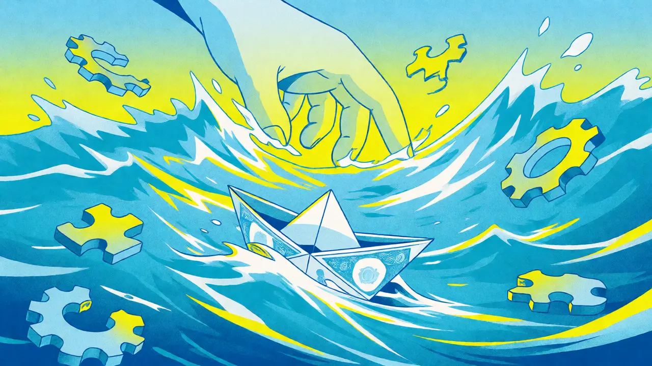 Paper boat navigating volatile ocean waves symbolizing low liquidity