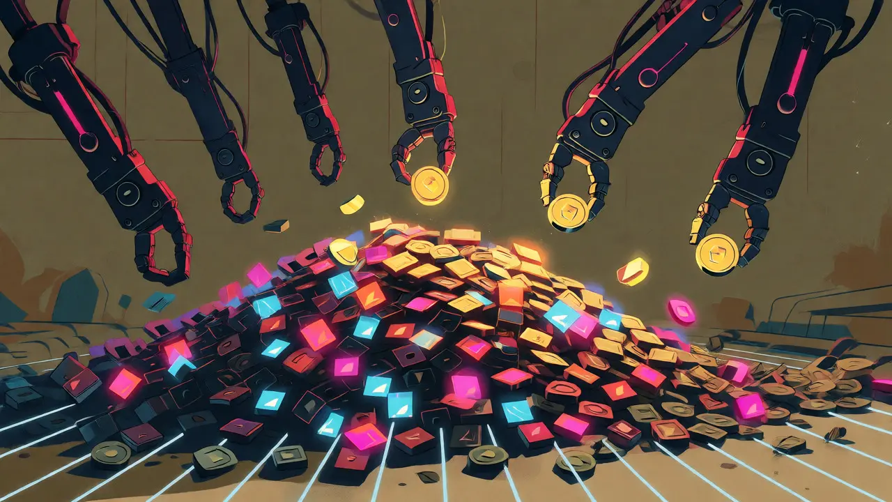 Robotic miners selecting high-fee transactions from a crowded queue of pending crypto requests.