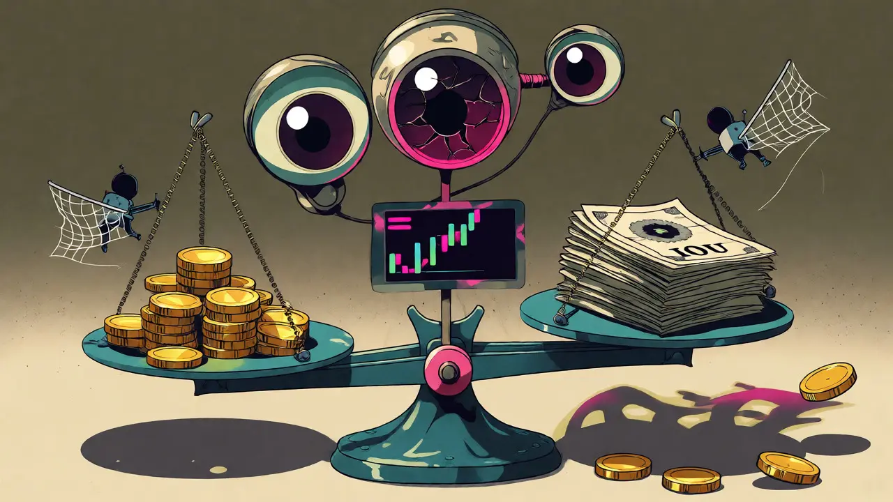 Scales balancing collateral and debt under distorted oracle eyes in cartoon art.