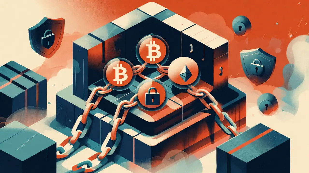 Secure digital vault protecting crypto assets with heavy locks in a colorful illustrative style.