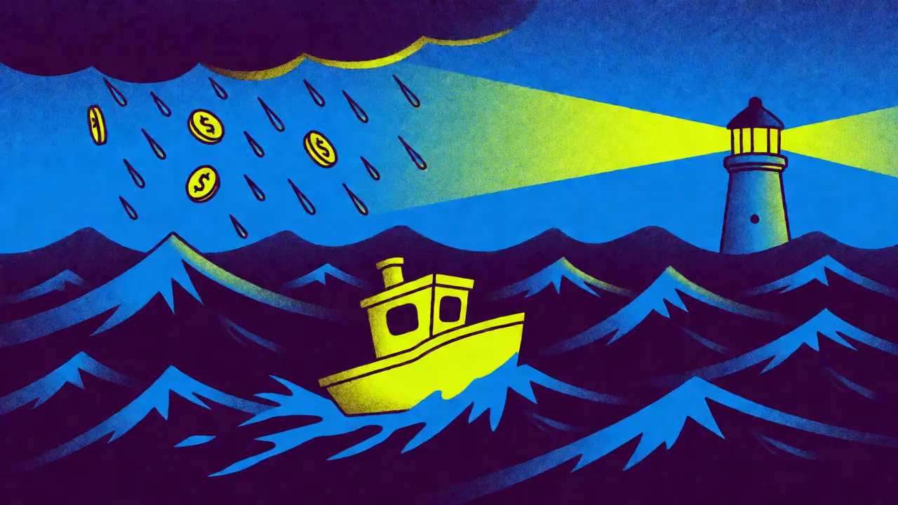 Small boat navigating volatile seas representing SYMM token liquidity risks.