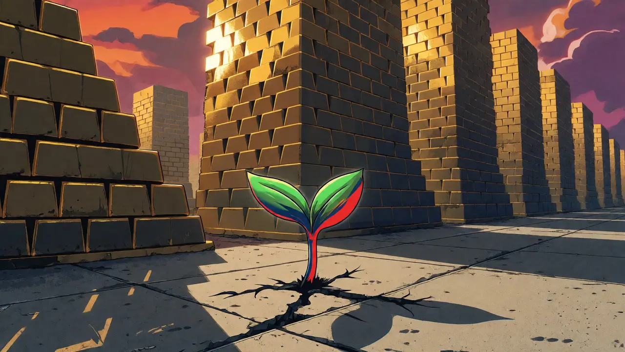 Small sprout overshadowed by gold bar skyscrapers