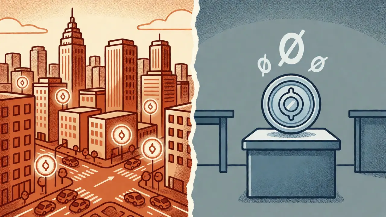 Split illustration comparing active REI Network city vs dormant Zerogoki lab.