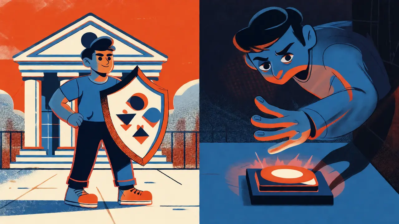 Split scene showing a secure holder versus a shadowy scammer reaching for a button in a colorful cartoon style.