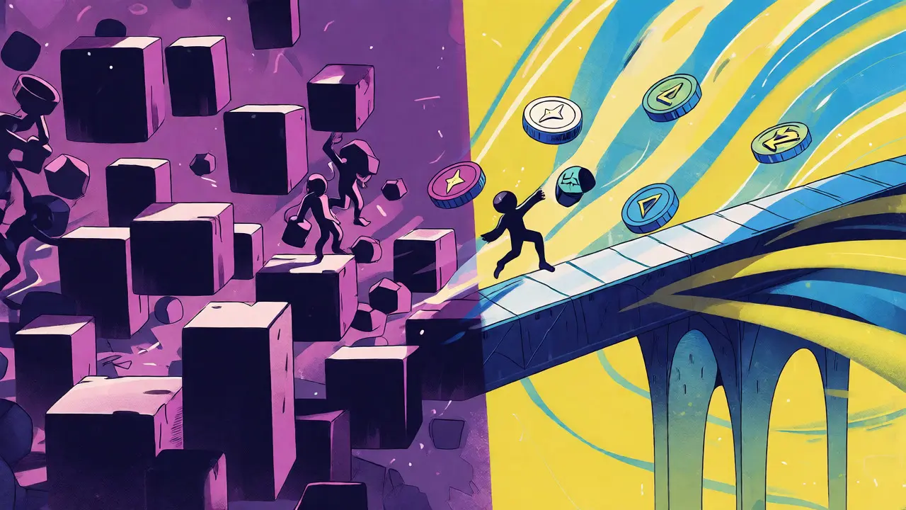 Split-screen cartoon showing crypto migration from congested Ethereum to smooth Polygon