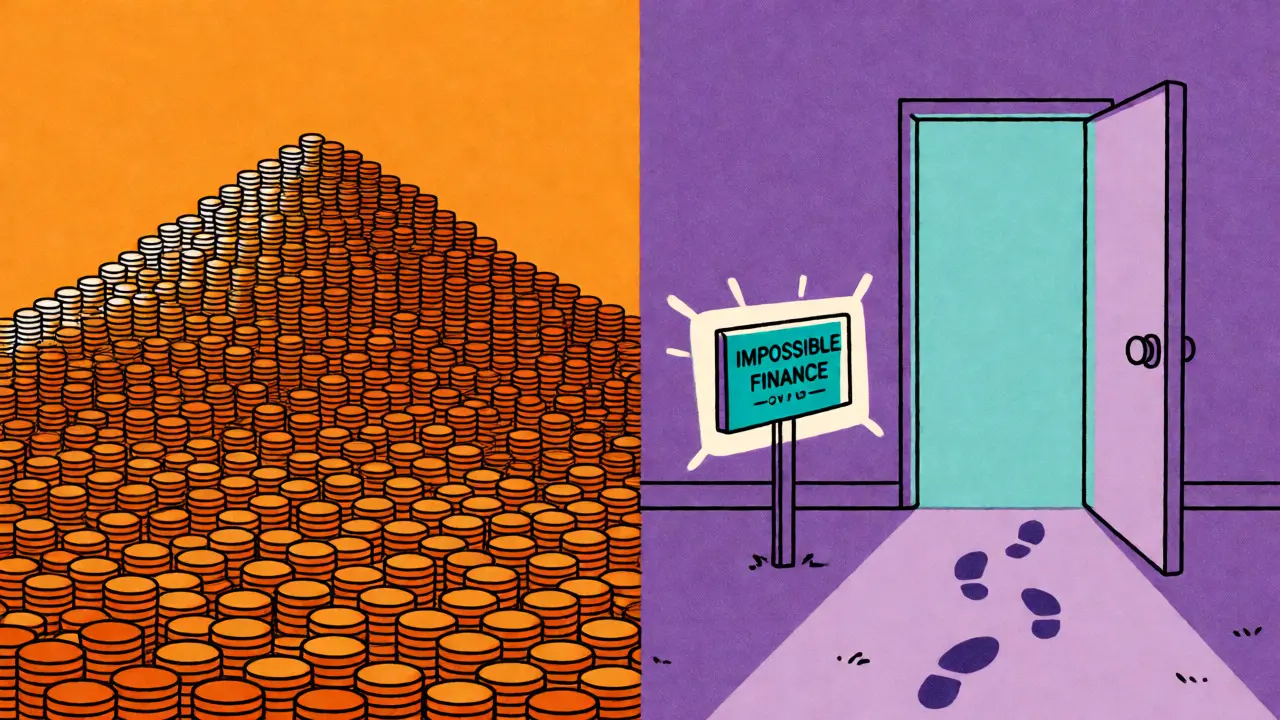 Split-screen risograph graphic comparing massive coin piles to an accessible project doorway