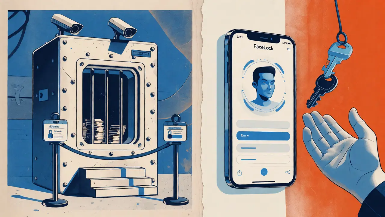 Split view comparing a secured central vault with a mobile wallet using biometric face lock technology.