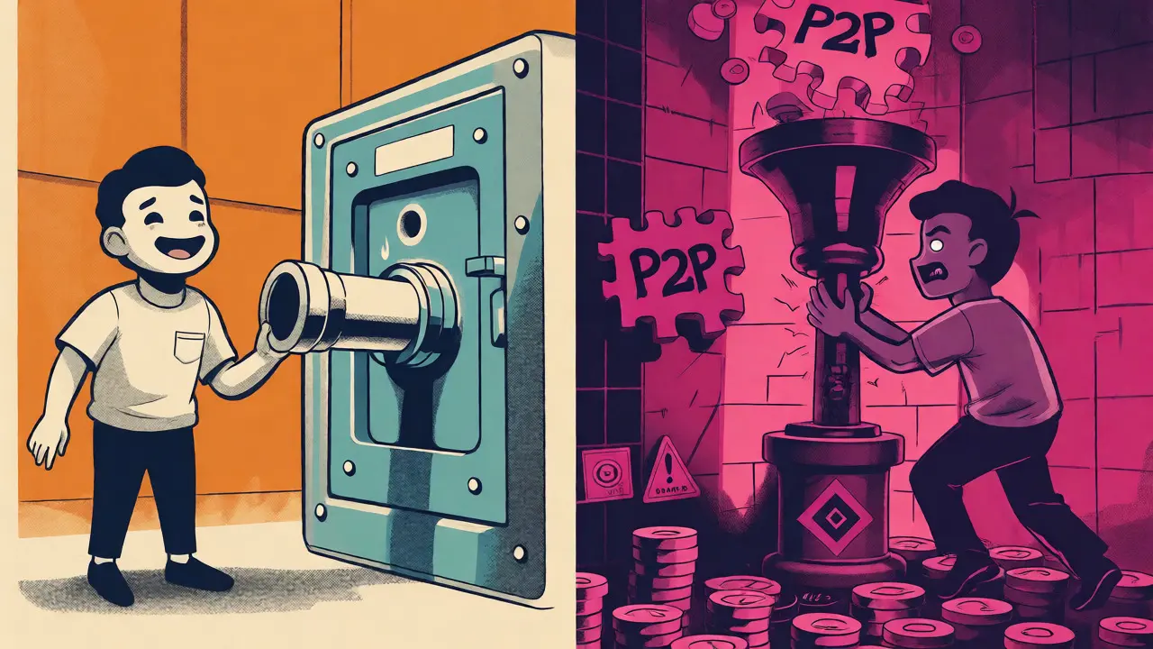 Split view of easy bank transfers on licensed apps vs P2P friction on others