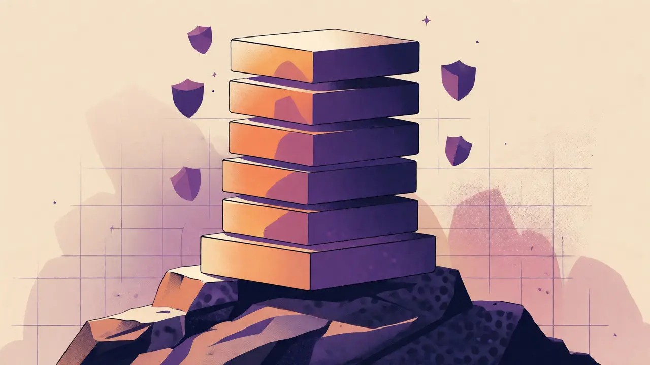 Stacked blockchain layers growing upward to secure a transaction against reversal attempts.