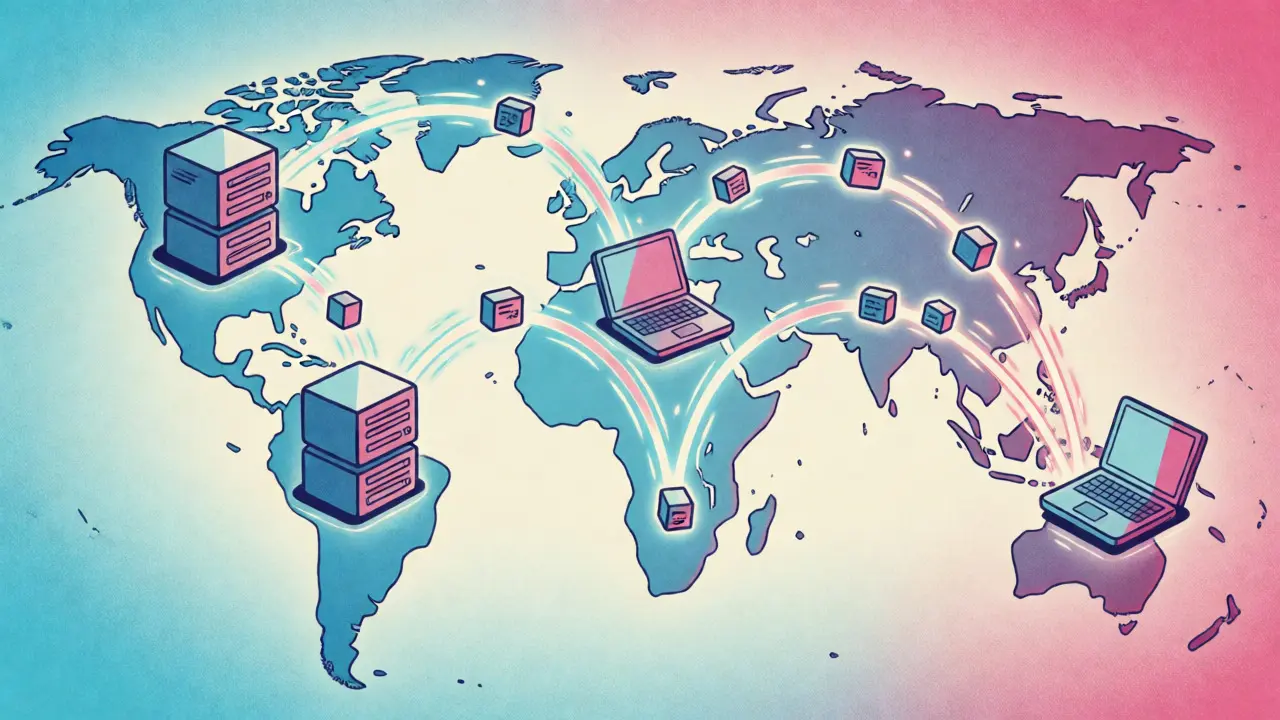 Stylized map showing data blocks propagating globally between distributed nodes in P2P style.