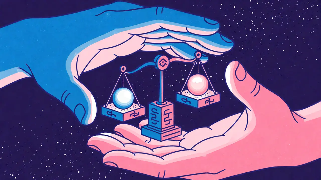 Symmetrical hands balancing collateral orbs in a risograph art style.