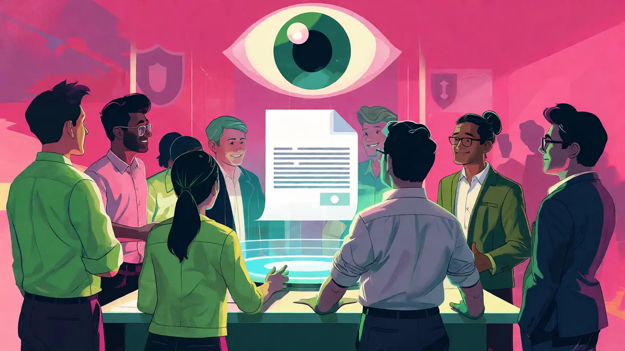 Team reviewing a holographic white paper under an oversight eye in a colorful office setting.