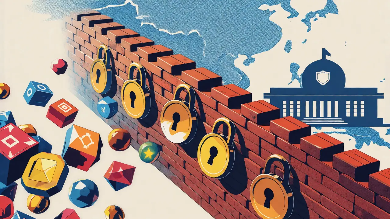 Abstract art showing a coin wall blocking crypto tokens from entering