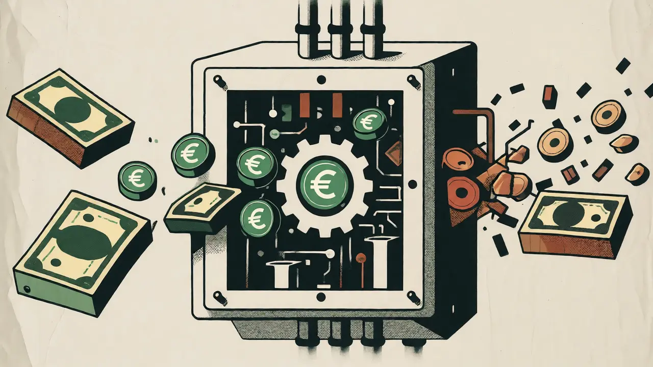Abstract diagram showing banknotes converting into EURT tokens and back in a cycle