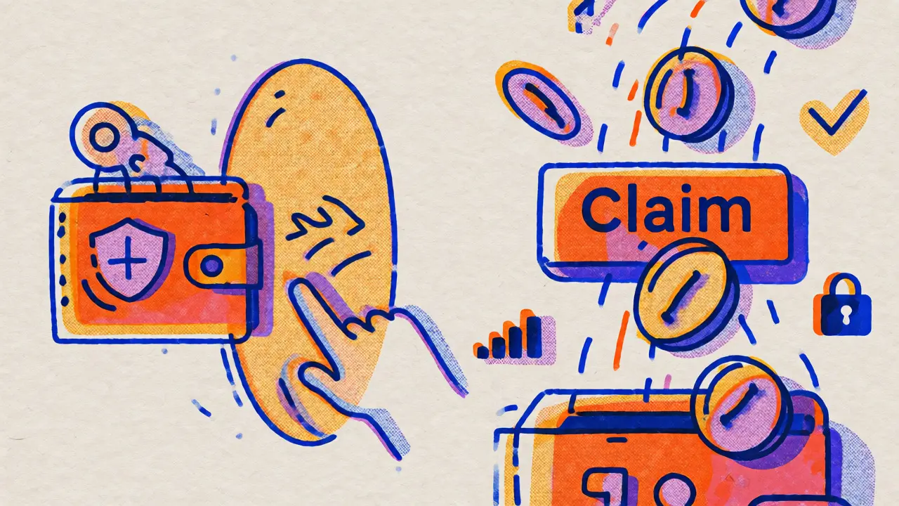 Abstract illustration of a user claiming crypto tokens via a wallet interface with flowing graphics.