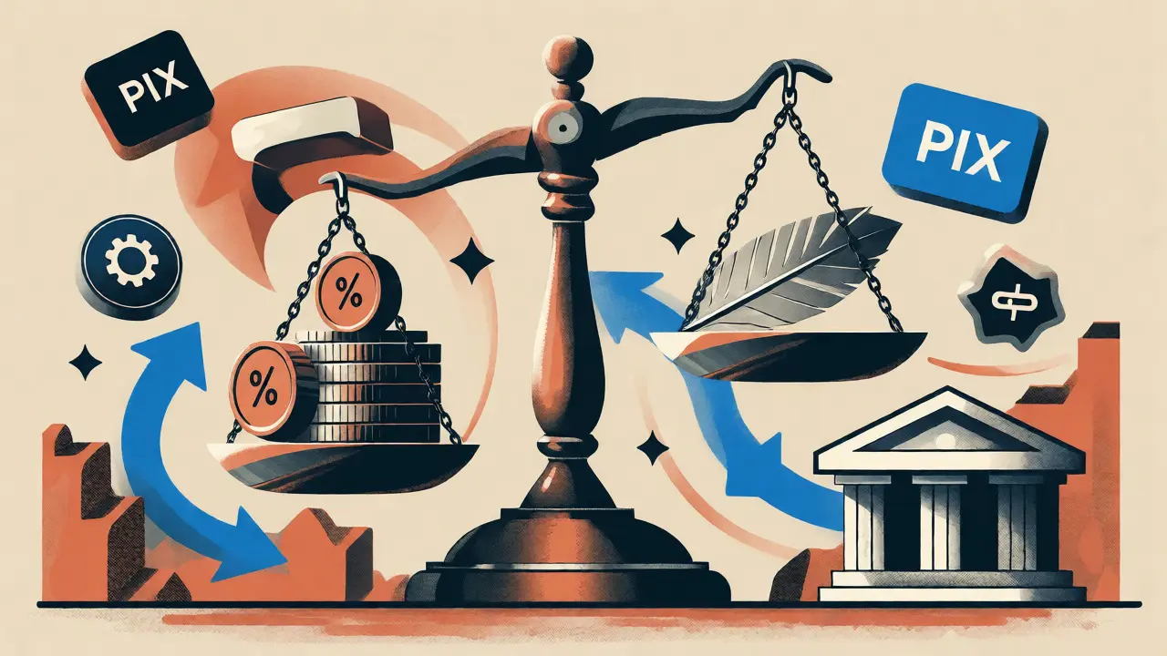 Abstract illustration of balanced scales and payment icons representing trading fees