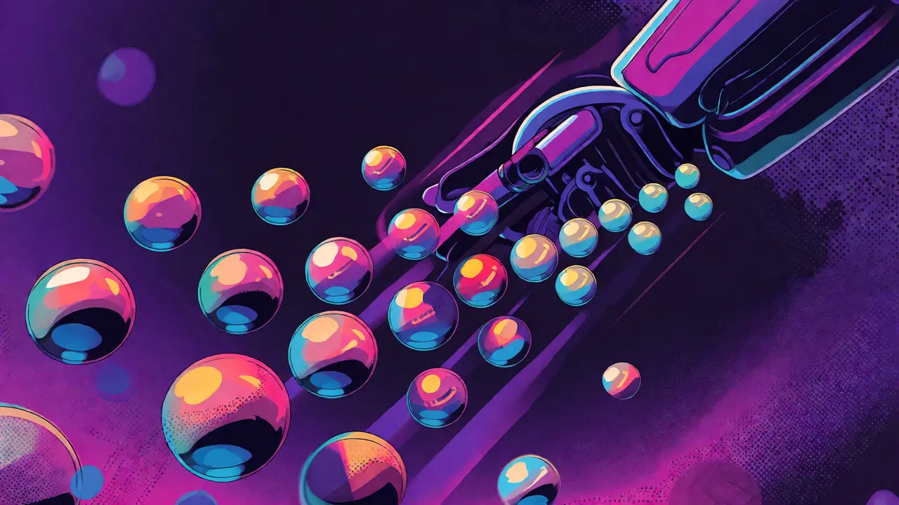 Abstract risograph art of robotic arms sorting crypto spheres to represent fast API trading.