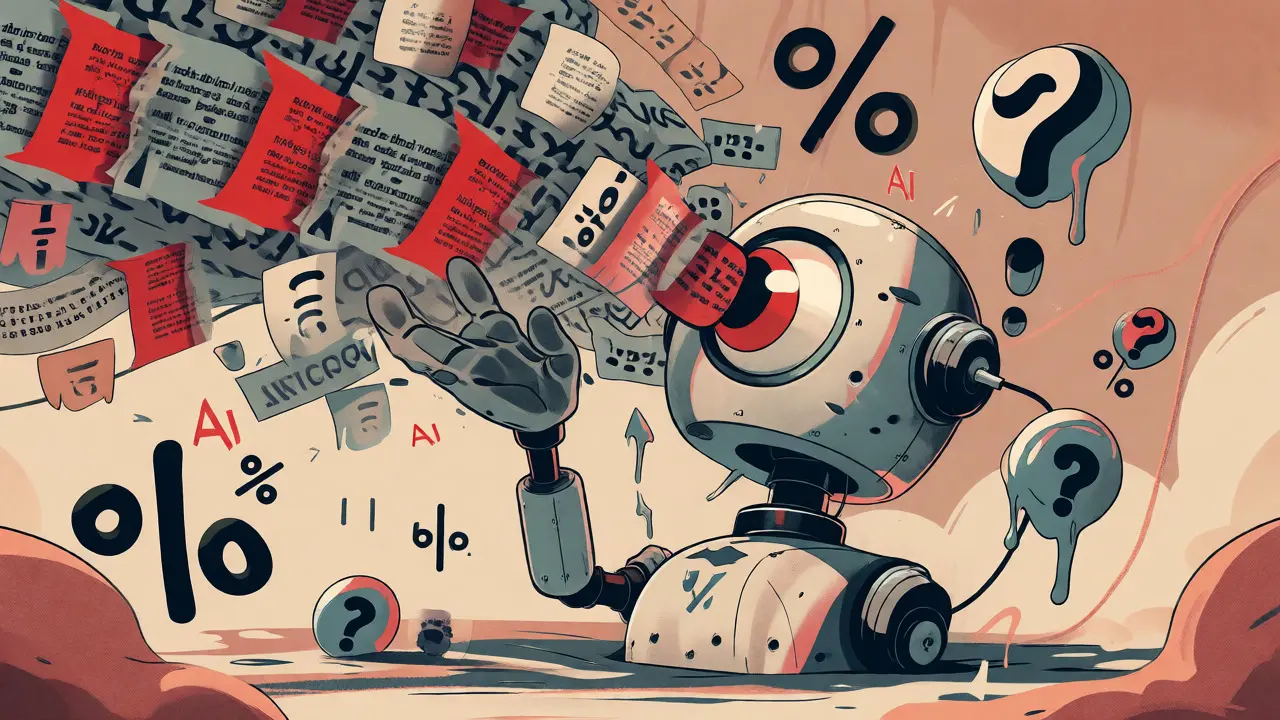 Abstract robot detector scanning uncertain text fragments, highlighting AI detection limitations.