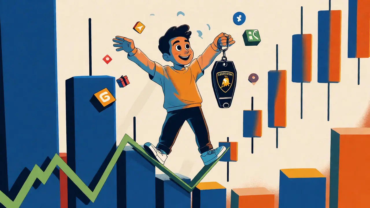 Cartoon figure balancing on volatile chart lines holding a Lamborghini key