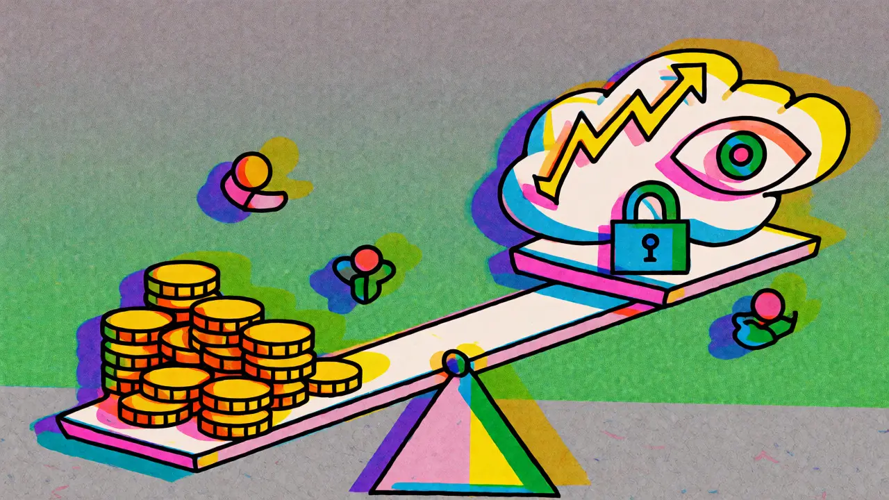 Conceptual balance scale weighing crypto rewards against risks like volatility and liquidity locks.