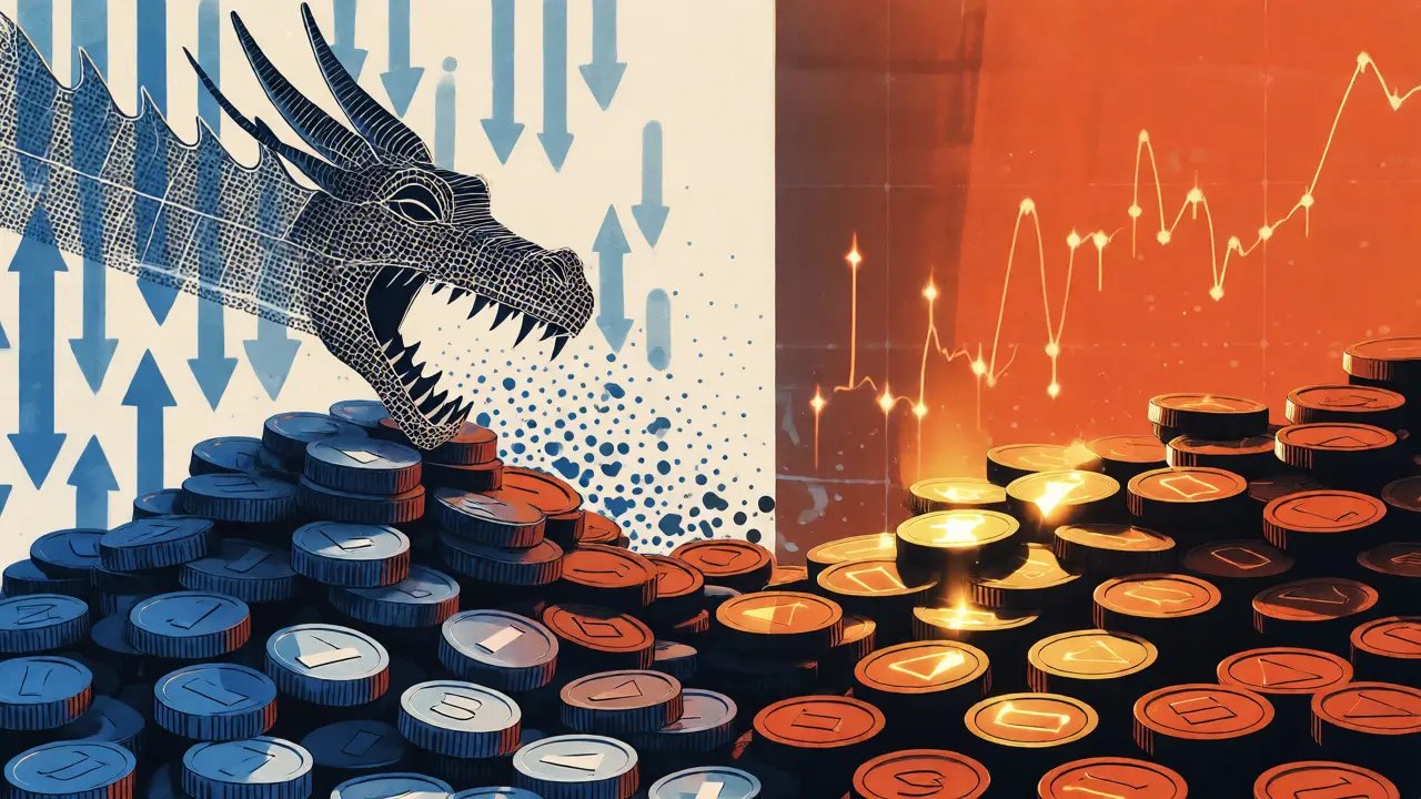 Conceptual riso art showing a dragon consuming tokens to increase the value of the remainder.