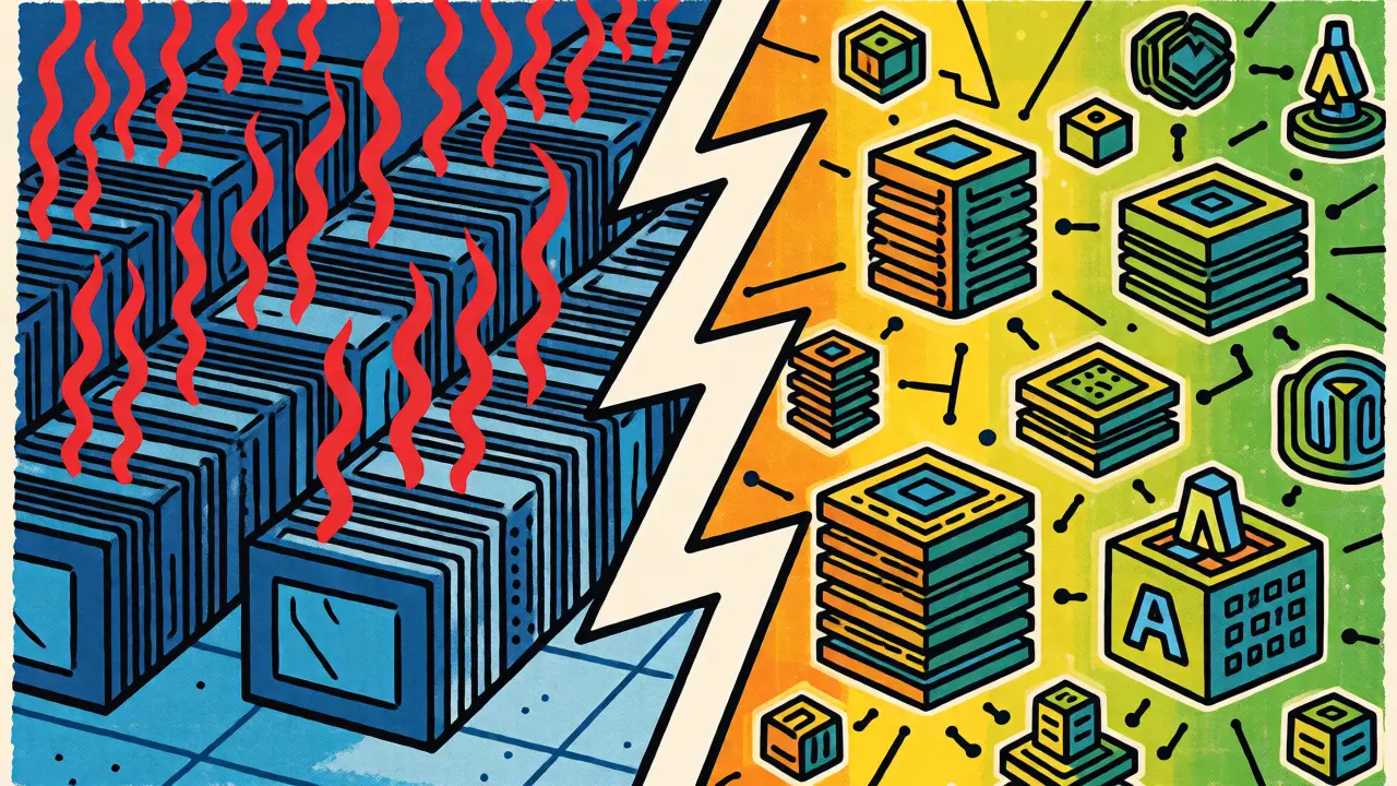 Conceptual split image showing crypto miners versus AI servers in risograph aesthetic