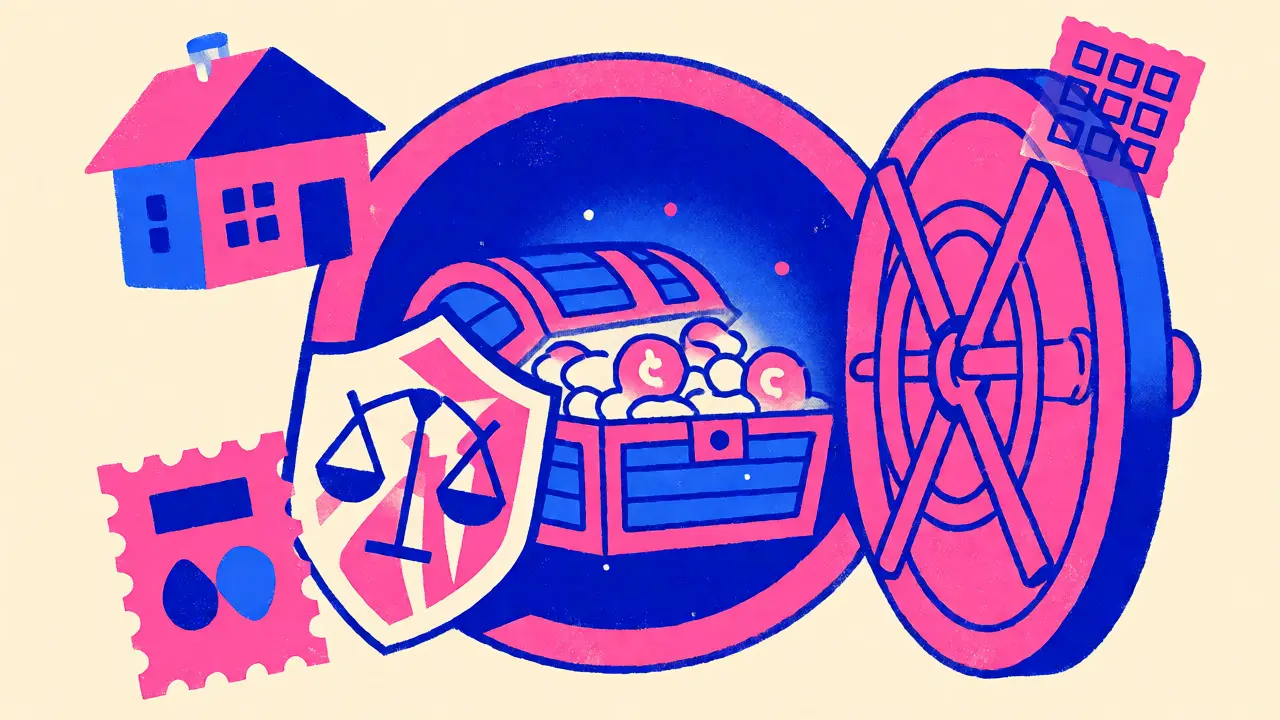 Conceptual vault with crypto treasures and cost icons in bold cartoon colors