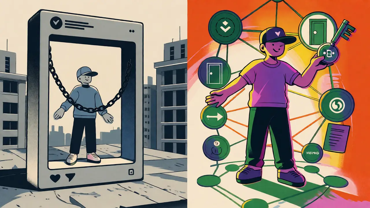 Contrast between trapped creator on platform and free creator on decentralized network.