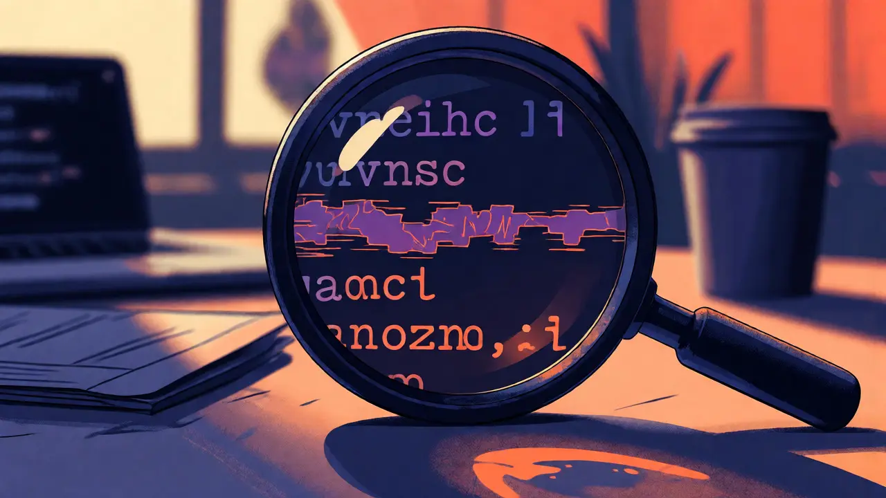 Developer viewing code glitches caused by invisible Unicode characters through a magnifying glass.