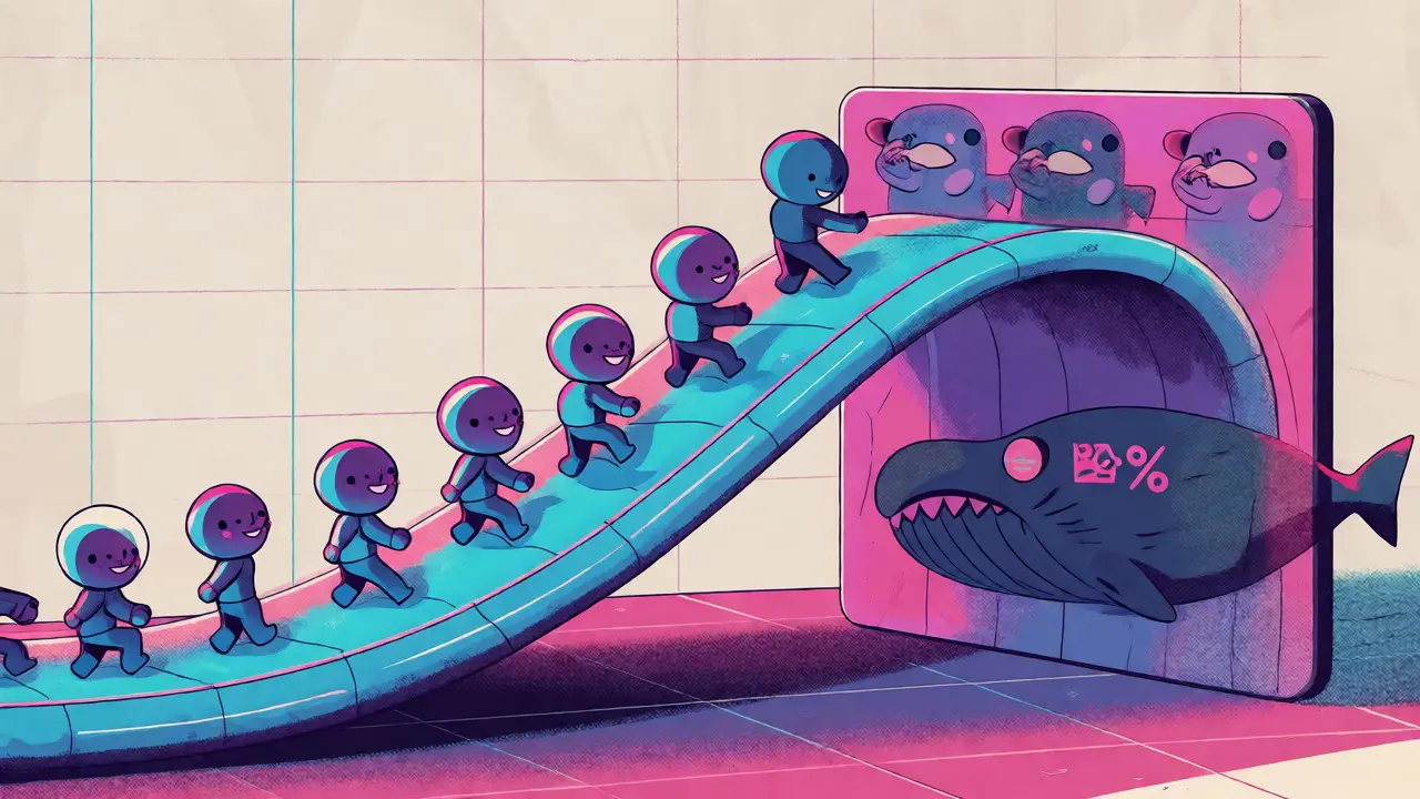 Diagram showing investors safely climbing a bonding curve while whales are blocked by caps.