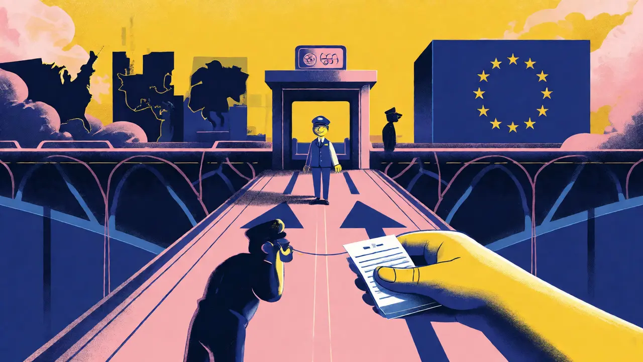 Digital bridge showing non-EU providers entering the EU market through strict reverse solicitation checks.