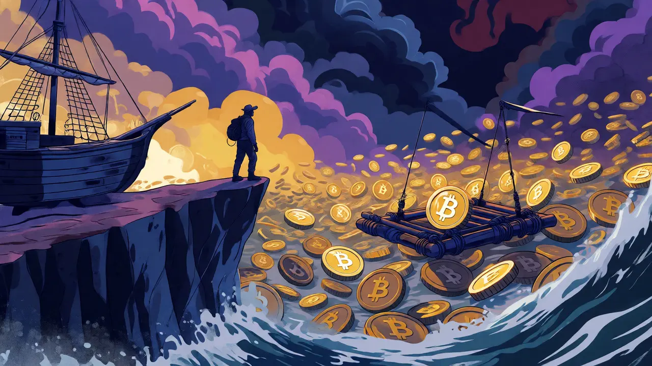 Explorer choosing between safe ship and risky raft amid volatile crypto sea